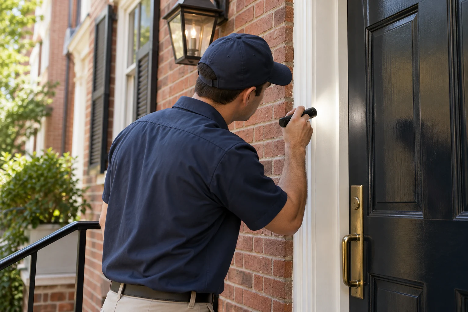 A technician inspecting an exterior door frame with a flashlight