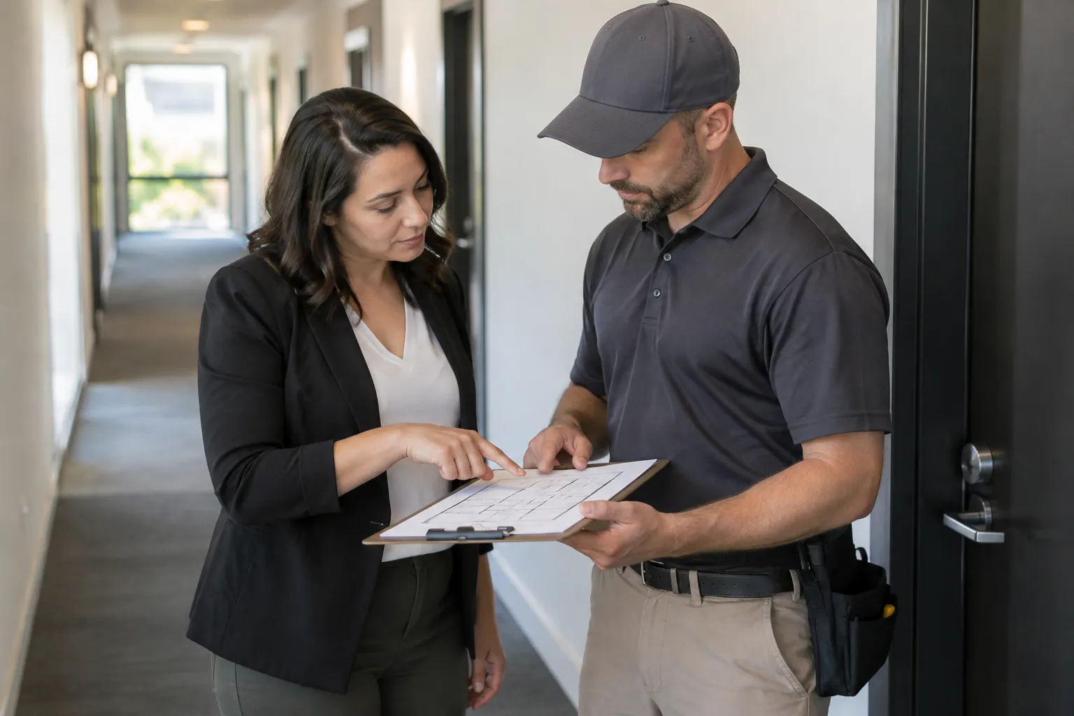 Manager and pest professional reviewing building access areas