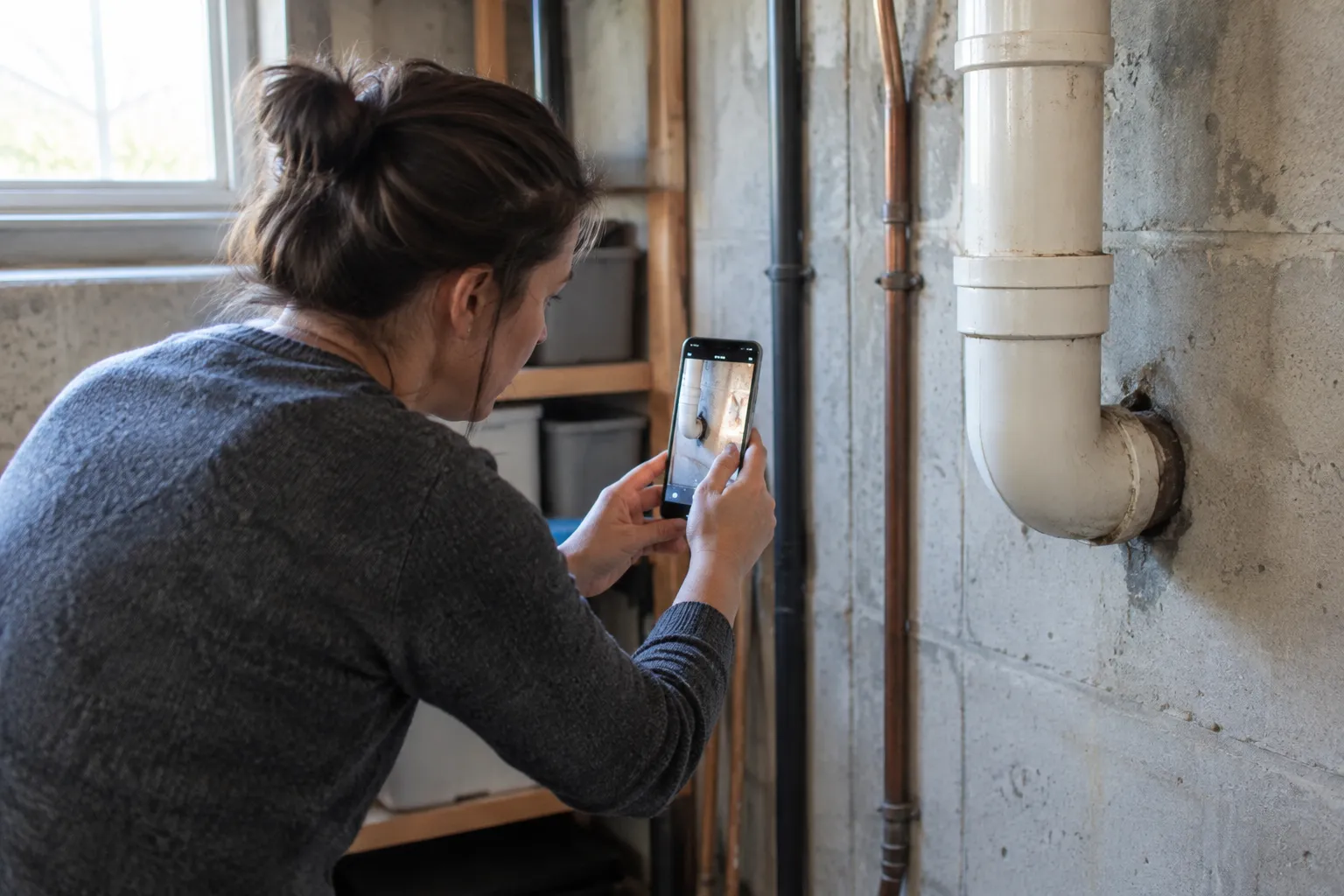 Homeowner photographing a visible gap around a basement pipe