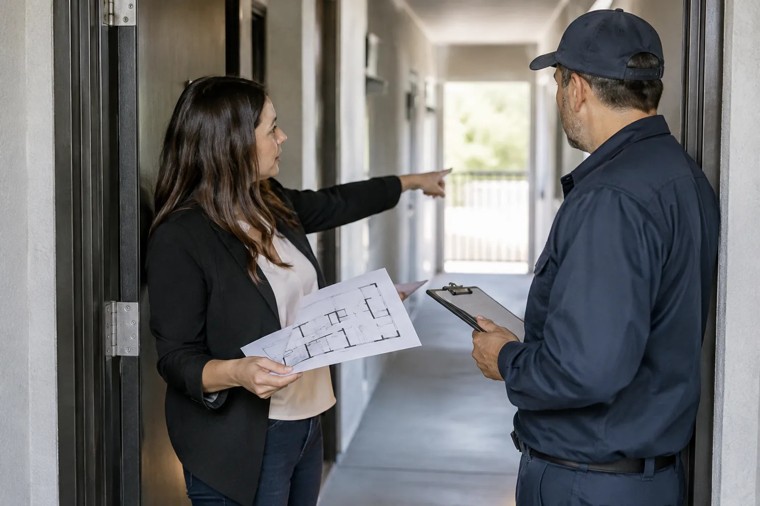 A property manager discusses apartment access with a pest professional
